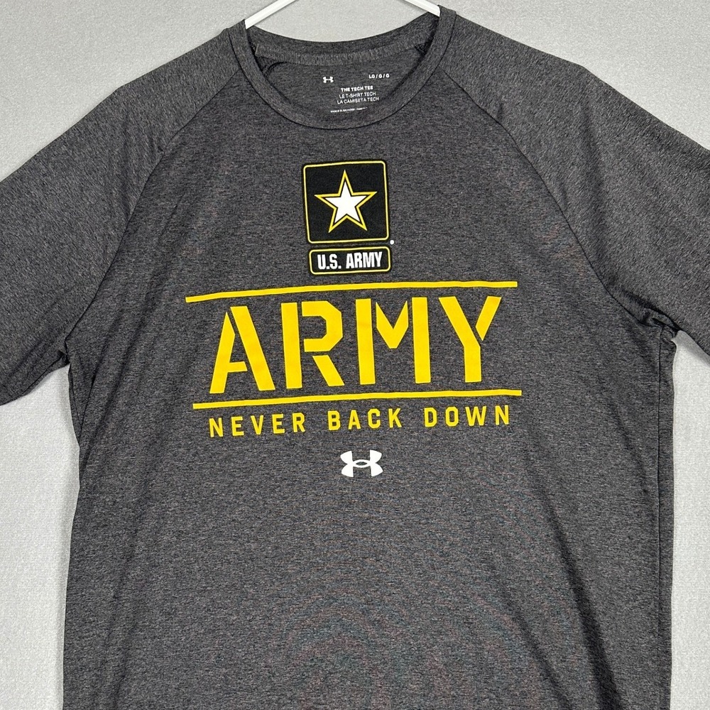 Under Armour T-Shirt Mens Large Tech Tee Grey U.S. Army Never Back Down Logo EUC